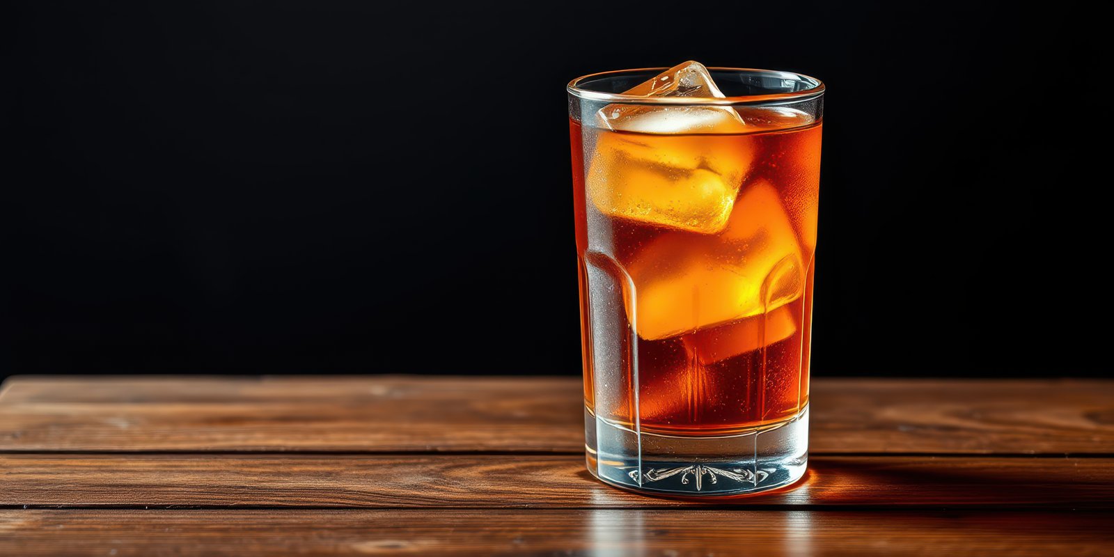 Refreshing iced tea served in a glass with ice cubes on a wooden table background at evening light
